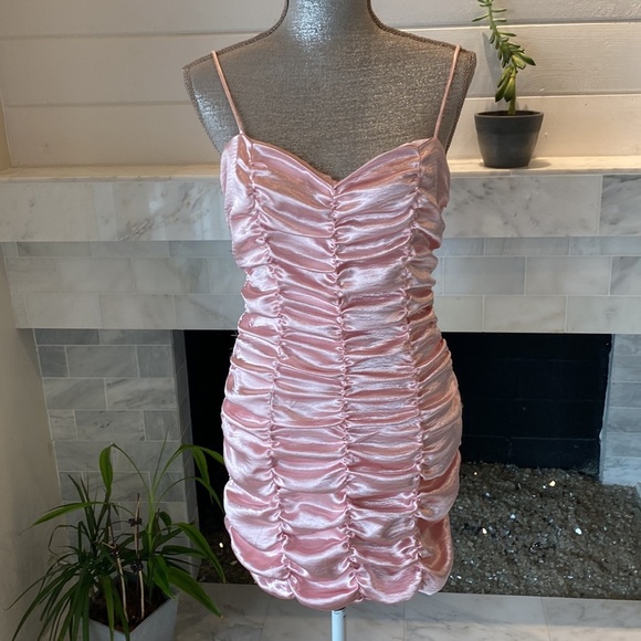 Urban Outfitters Iris Pink Satin Ruched Mini Dress Size Medium - Picture 3 of 14